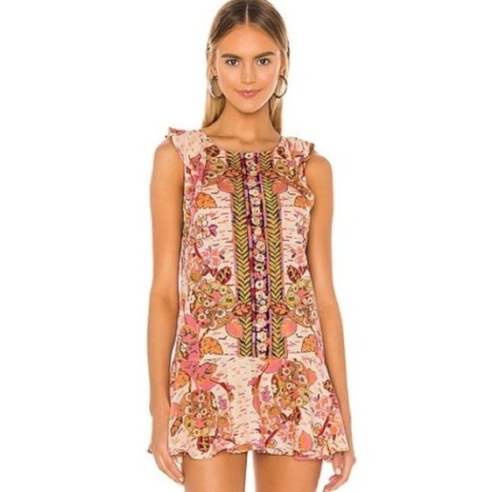 Free People Summer in Tulum‎ Mini Dress Floral Linen Blend Pink Orange Ruffle L
